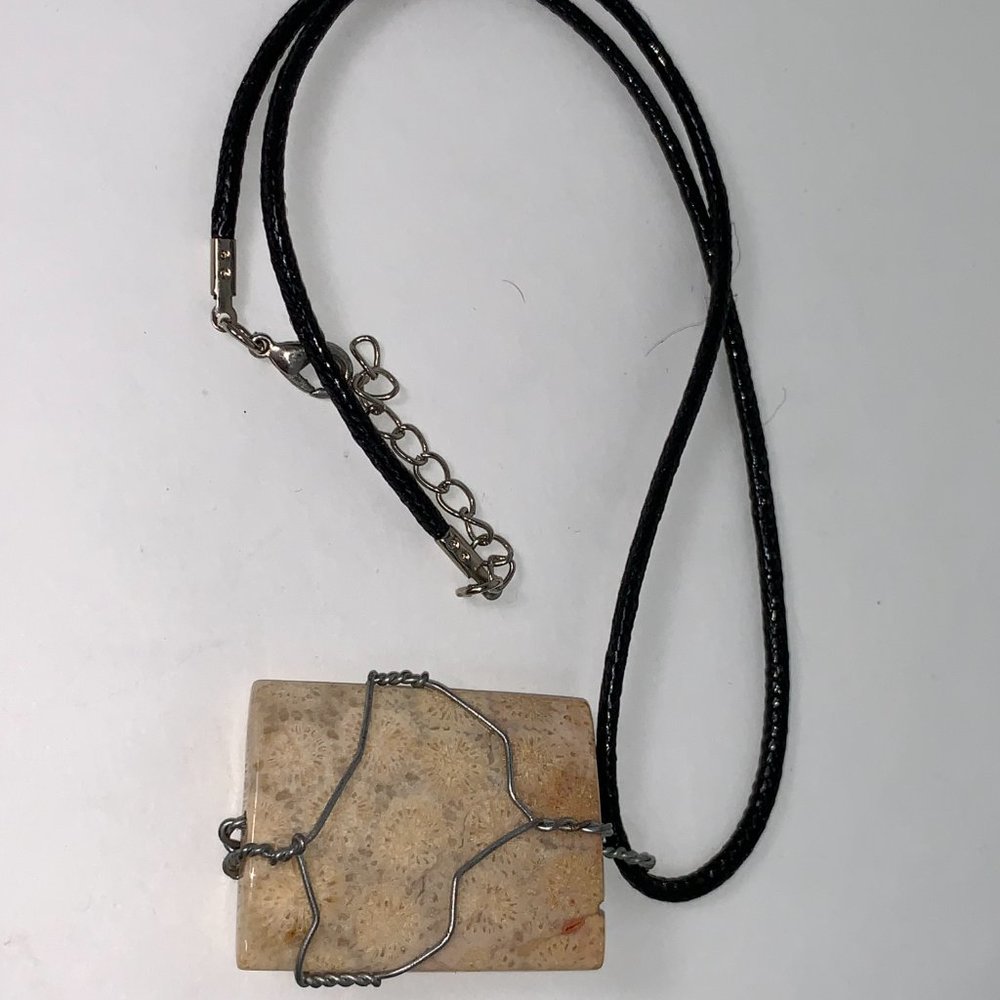 20" Braided Leather necklace with Wire wrapped Fossilized Coral Pendant - Picture 6 of 8